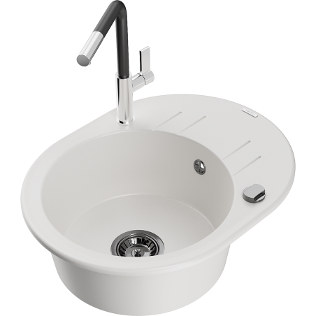 Mexen Kevin granite kitchen sink 1-bowl with drainer and Flora kitchen faucet, white - 6517-20-670401-07-B
