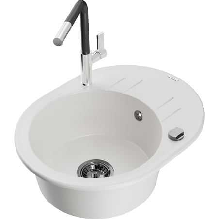 Mexen Kevin one-bowl granite sink with drainer and Flora kitchen tap, white - 6517-20-670401-07-B