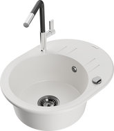 Mexen Kevin granite kitchen sink 1-bowl with drainer and Flora kitchen faucet, white - 6517-20-670401-07-B
