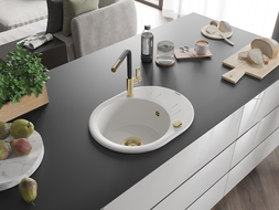 Mexen Kevin 1-compartment granite sink with a drip tray and kitchen mixer tap Flora, White - 6517-20-670401-57-G