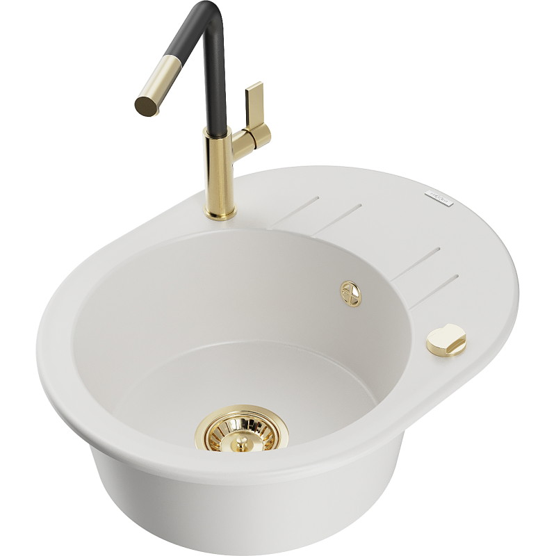 Mexen Kevin 1-bowl granite sink with drainer and kitchen faucet Flora, white - 6517-20-670401-57-G