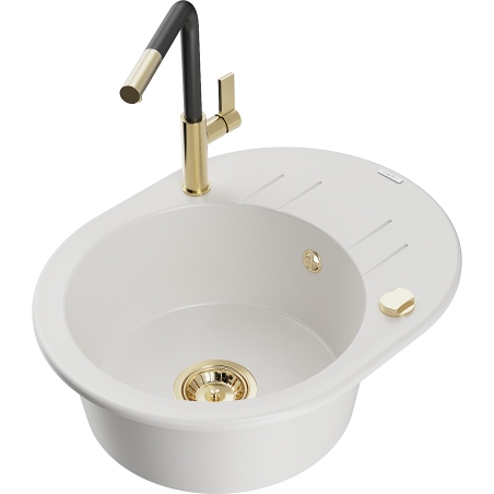Mexen Kevin 1-compartment granite sink with a drip tray and kitchen mixer tap Flora, White - 6517-20-670401-57-G