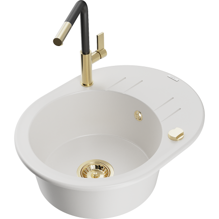 Mexen Kevin granite kitchen sink 1-bowl with drainer and Flora kitchen tap, white - 6517-20-670401-57-G