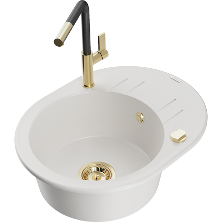 Mexen Kevin granite sink 1-bowl with drainer and kitchen faucet Flora, white - 6517-20-670401-57-G