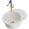 Mexen Kevin 1-compartment granite sink with a drip tray and kitchen mixer tap Flora, White - 6517-20-670401-57-G