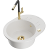Mexen Kevin granite sink 1-bowl with drainer and kitchen faucet Flora, white - 6517-20-670401-57-G