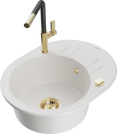Mexen Kevin granite kitchen sink 1-bowl with drainer and Flora kitchen tap, white - 6517-20-670401-57-G