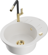 Mexen Kevin granite sink 1-bowl with drainer and kitchen faucet Flora, white - 6517-20-670401-57-G