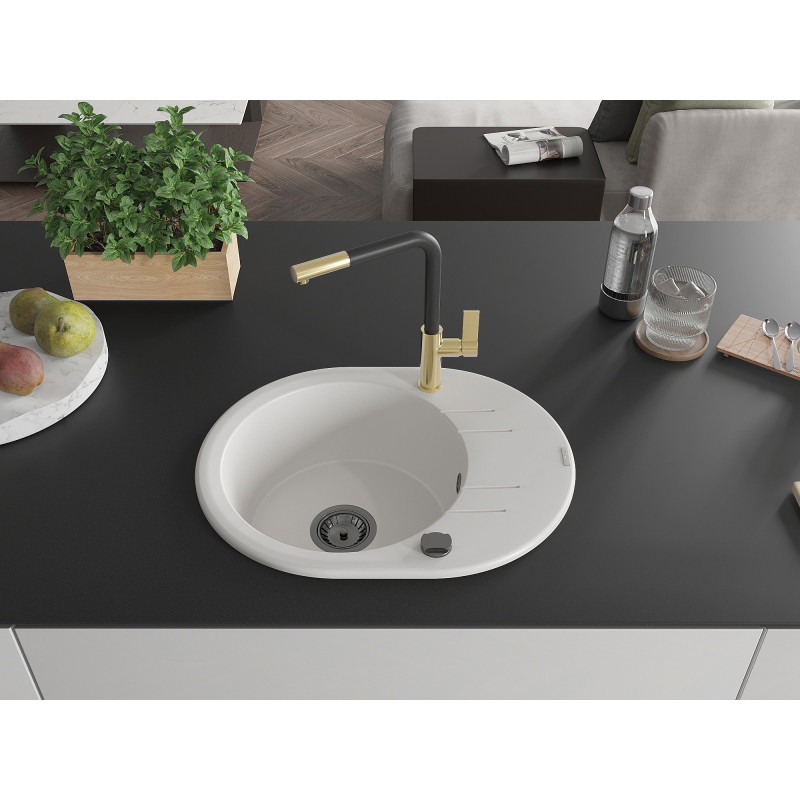 Mexen Kevin granite kitchen sink single bowl with drainer and Flora kitchen faucet, white - 6517-20-670401-57-B