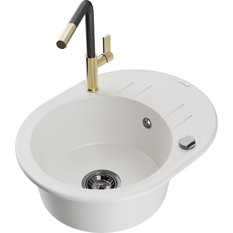 Mexen Kevin 1-bowl granite sink with drainer and Flora kitchen faucet, white - 6517-20-670401-57-B