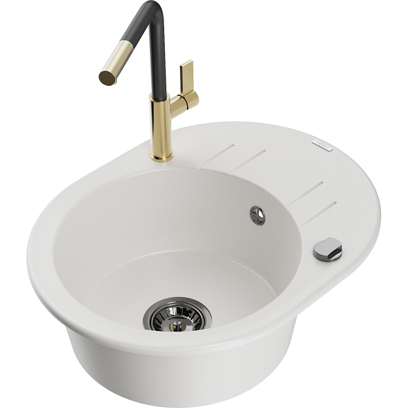 Mexen Kevin 1-bowl granite sink with drainer and Flora kitchen tap, white - 6517-20-670401-57-B