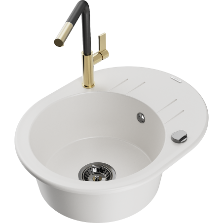 Mexen Kevin 1-compartment granite sink with a drip tray and kitchen mixer tap Flora, White - 6517-20-670401-57-B