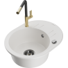 Mexen Kevin 1-bowl granite sink with drainer and Flora kitchen faucet, white - 6517-20-670401-57-B