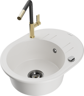 Mexen Kevin granite kitchen sink single bowl with drainer and Flora kitchen faucet, white - 6517-20-670401-57-B