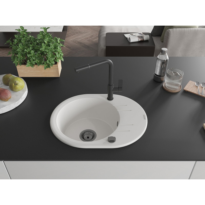 Mexen Kevin 1-bowl granite kitchen sink with drainer and Flora faucet, white - 6517-20-670401-70-B