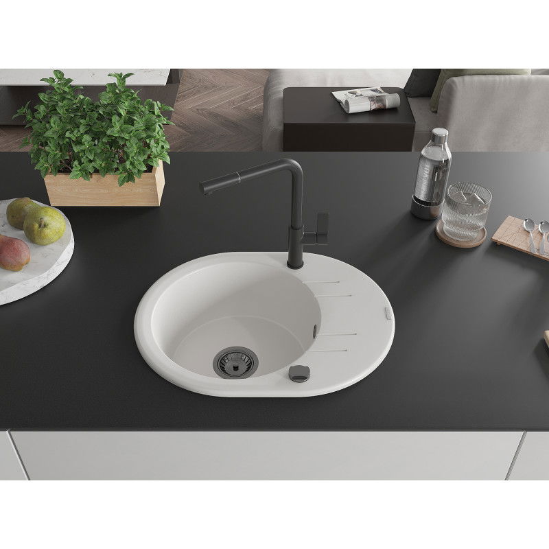 Mexen Kevin granite sink 1-bowl with drainer and Flora kitchen tap, white - 6517-20-670401-70-B