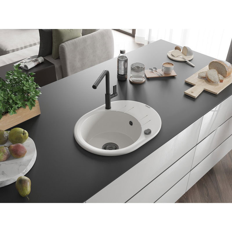 Mexen Kevin granite sink 1-bowl with drainer and Flora kitchen tap, white - 6517-20-670401-70-B