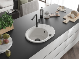 Mexen Kevin 1-bowl granite kitchen sink with drainer and Flora faucet, white - 6517-20-670401-70-B