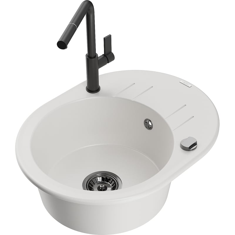Mexen Kevin granite sink 1-bowl with drainer and kitchen faucet Flora, white - 6517-20-670401-70-B