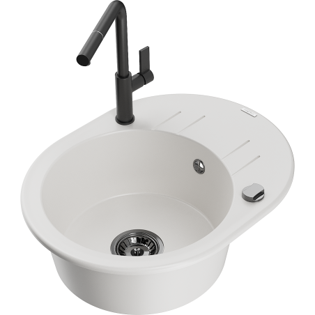 Mexen Kevin 1-bowl granite kitchen sink with drainer and Flora faucet, white - 6517-20-670401-70-B