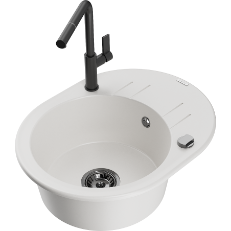 Mexen Kevin granite sink 1-bowl with drainer and kitchen faucet Flora, white - 6517-20-670401-70-B