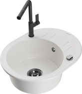 Mexen Kevin 1-bowl granite kitchen sink with drainer and Flora faucet, white - 6517-20-670401-70-B