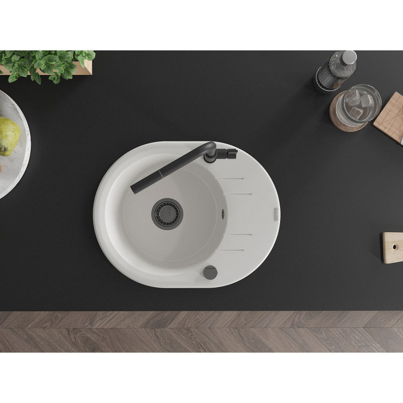 Mexen Kevin granite sink 1-bowl with drainer and Flora kitchen tap, white - 6517-20-670401-70-B