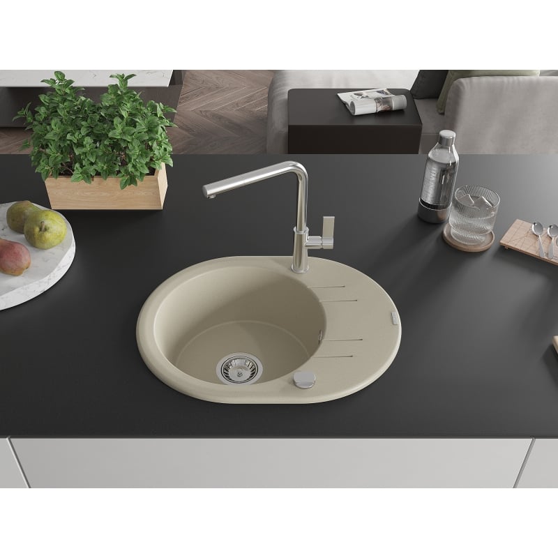 Mexen Kevin 1-bowl granite sink with drainer and Flora kitchen faucet, beige - 6517-69-670401-00