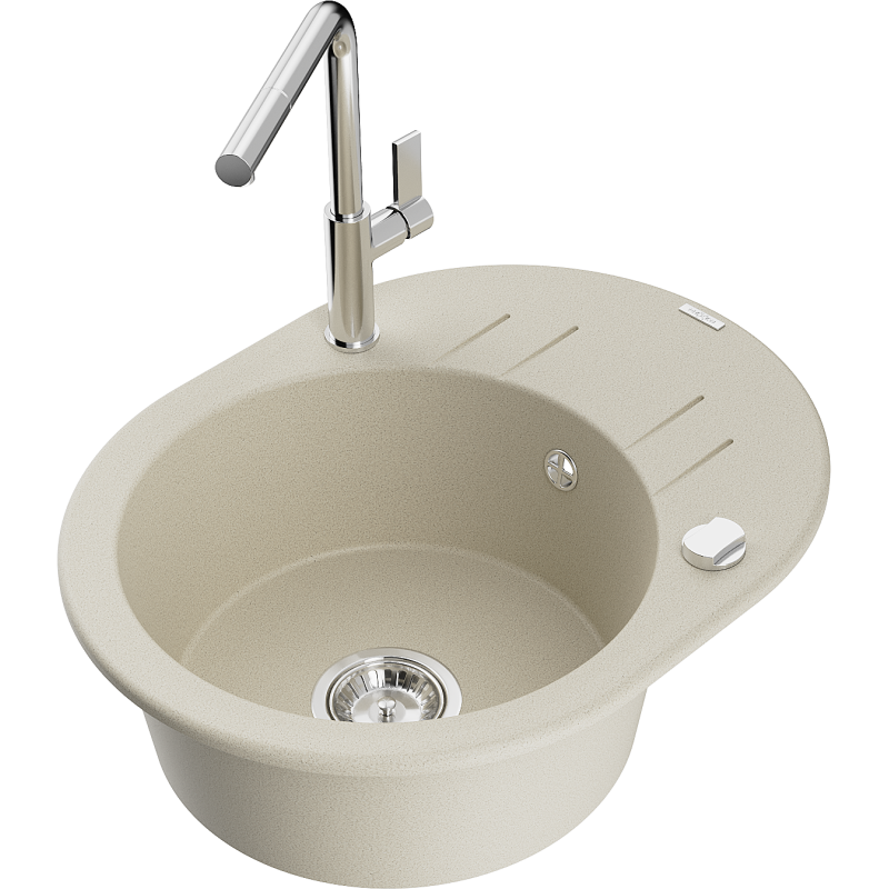 Mexen Kevin 1-bowl granite sink with drainer and Flora kitchen tap, beige - 6517-69-670401-00