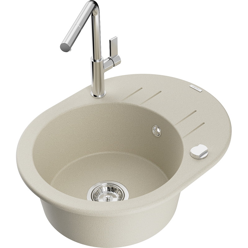 Mexen Kevin granite sink 1-bowl with drainer and Flora kitchen faucet, beige - 6517-69-670401-00