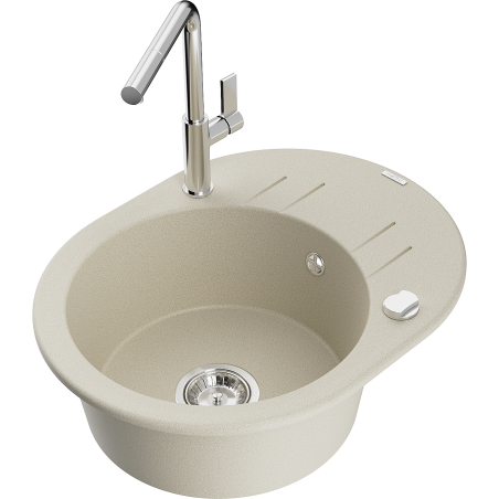 Mexen Kevin 1-bowl granite sink with drainer and Flora kitchen faucet, beige - 6517-69-670401-00
