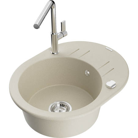 Mexen Kevin 1-bowl granite sink with drainer and Flora kitchen tap, beige - 6517-69-670401-00