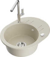 Mexen Kevin 1-compartment granite sink with a drip tray and kitchen mixer tap Flora, Beige - 6517-69-670401-00