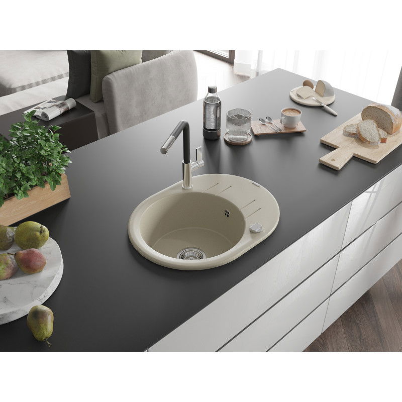 Mexen Kevin 1-bowl granite sink with drainer and Flora kitchen tap, beige - 6517-69-670401-07