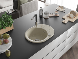 Mexen Kevin granite sink with 1 bowl, drainer, and Flora kitchen faucet, beige - 6517-69-670401-07