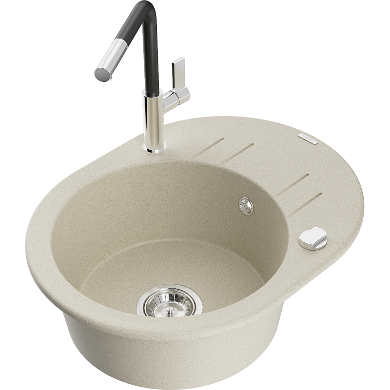Mexen Kevin 1-bowl granite sink with drainer and Flora kitchen tap, beige - 6517-69-670401-07