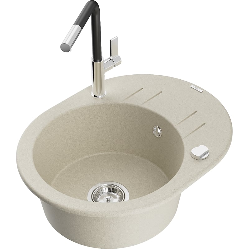 Mexen Kevin granite kitchen sink 1-bowl with drainer and Flora faucet, beige - 6517-69-670401-07