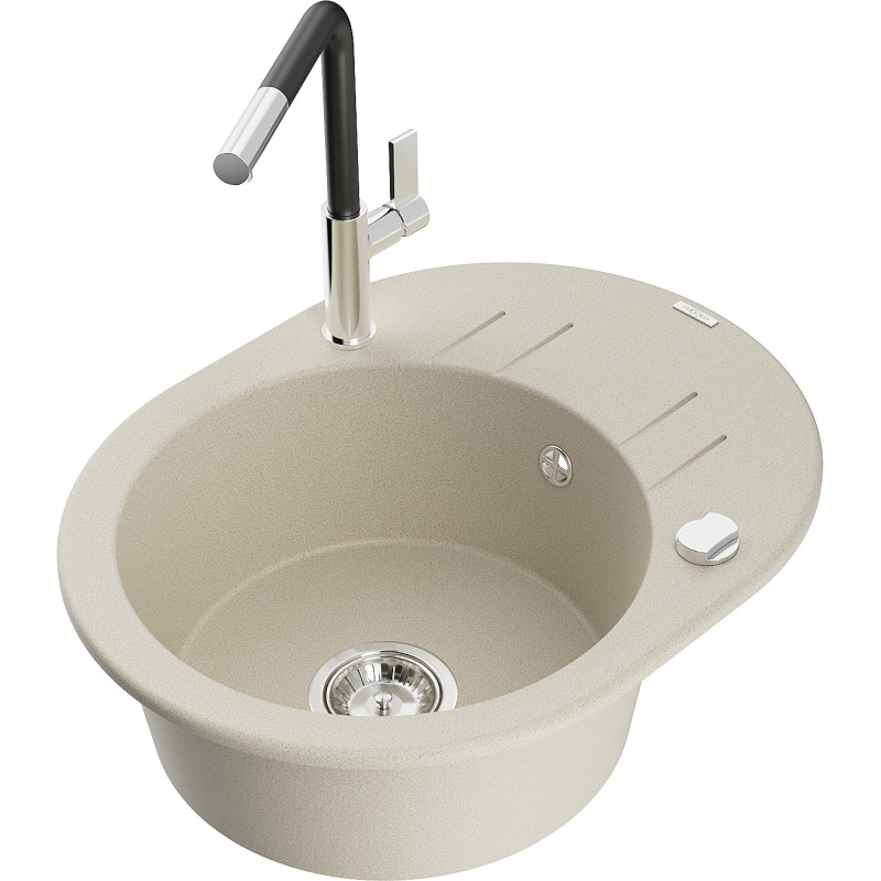Mexen Kevin granite sink with 1 bowl, drainer, and Flora kitchen faucet, beige - 6517-69-670401-07