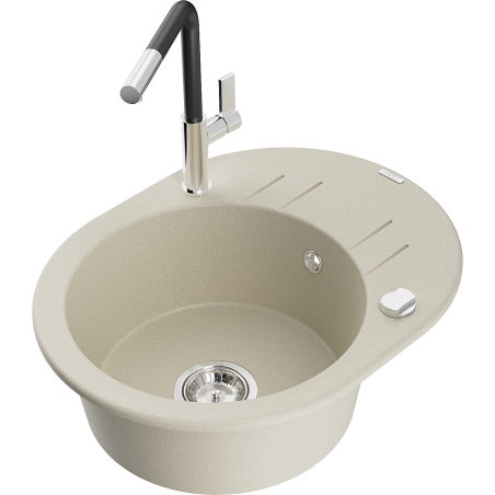 Mexen Kevin 1-bowl granite sink with drainer and Flora kitchen tap, beige - 6517-69-670401-07