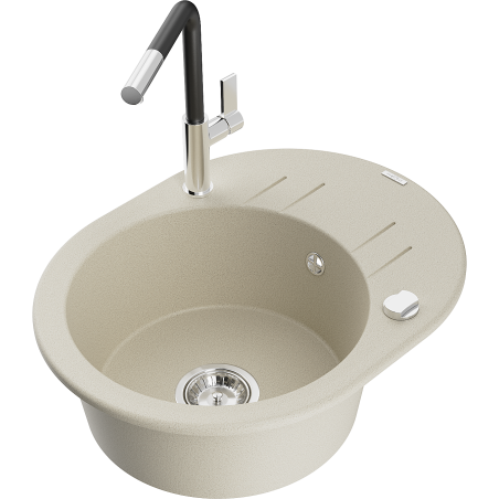 Mexen Kevin granite kitchen sink 1-bowl with drainer and Flora faucet, beige - 6517-69-670401-07