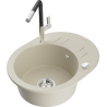 Mexen Kevin granite sink with 1 bowl, drainer, and Flora kitchen faucet, beige - 6517-69-670401-07