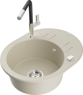 Mexen Kevin granite sink with 1 bowl, drainer, and Flora kitchen faucet, beige - 6517-69-670401-07
