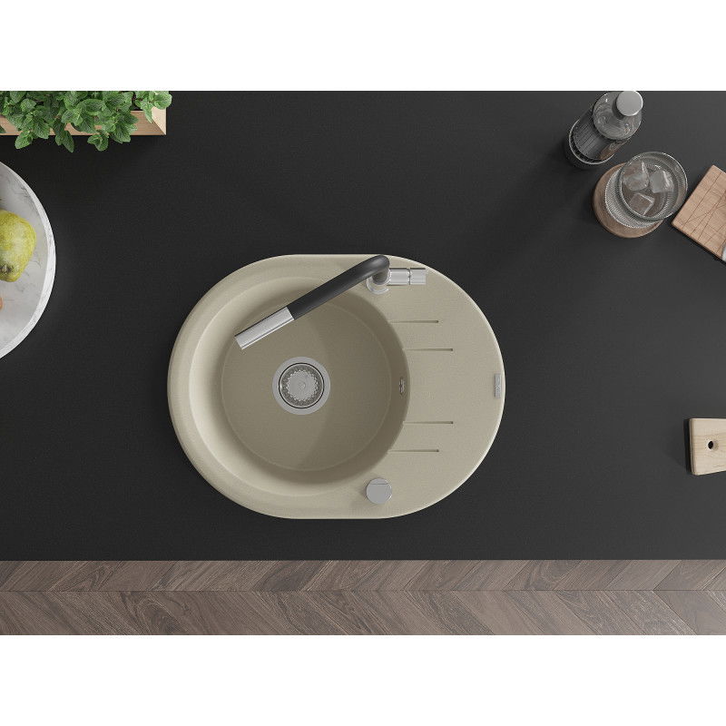 Mexen Kevin 1-bowl granite sink with drainer and Flora kitchen tap, beige - 6517-69-670401-07