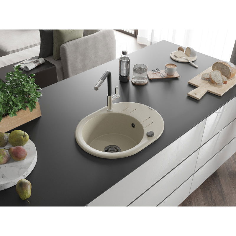 Mexen Kevin 1-bowl granite kitchen sink with drainer and Flora kitchen tap, beige - 6517-69-670401-07-B