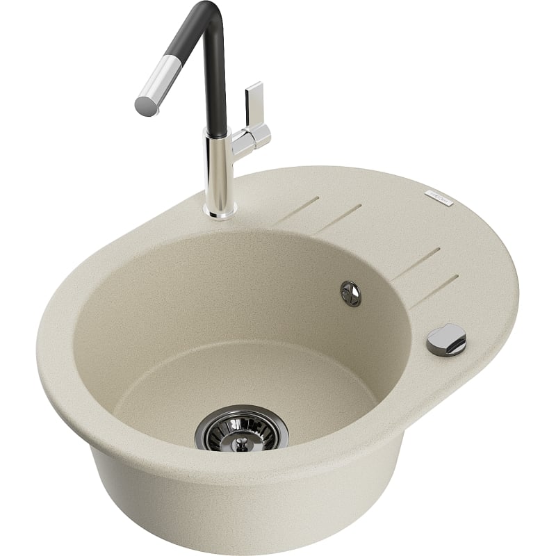 Mexen Kevin granite kitchen sink 1-bowl with drainer and Flora kitchen faucet, beige - 6517-69-670401-07-B