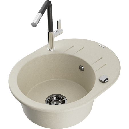 Mexen Kevin 1-bowl granite kitchen sink with drainer and Flora kitchen tap, beige - 6517-69-670401-07-B
