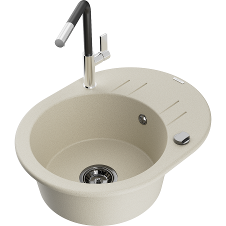 Mexen Kevin granite kitchen sink 1-bowl with drainer and Flora kitchen faucet, beige - 6517-69-670401-07-B