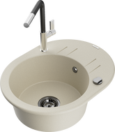 Mexen Kevin 1-bowl granite sink with drainer and Flora kitchen faucet, beige - 6517-69-670401-07-B
