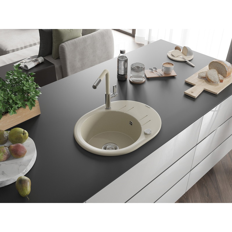 Mexen Kevin granite kitchen sink 1-bowl with drainer and Flora kitchen faucet, beige - 6517-69-670401-09