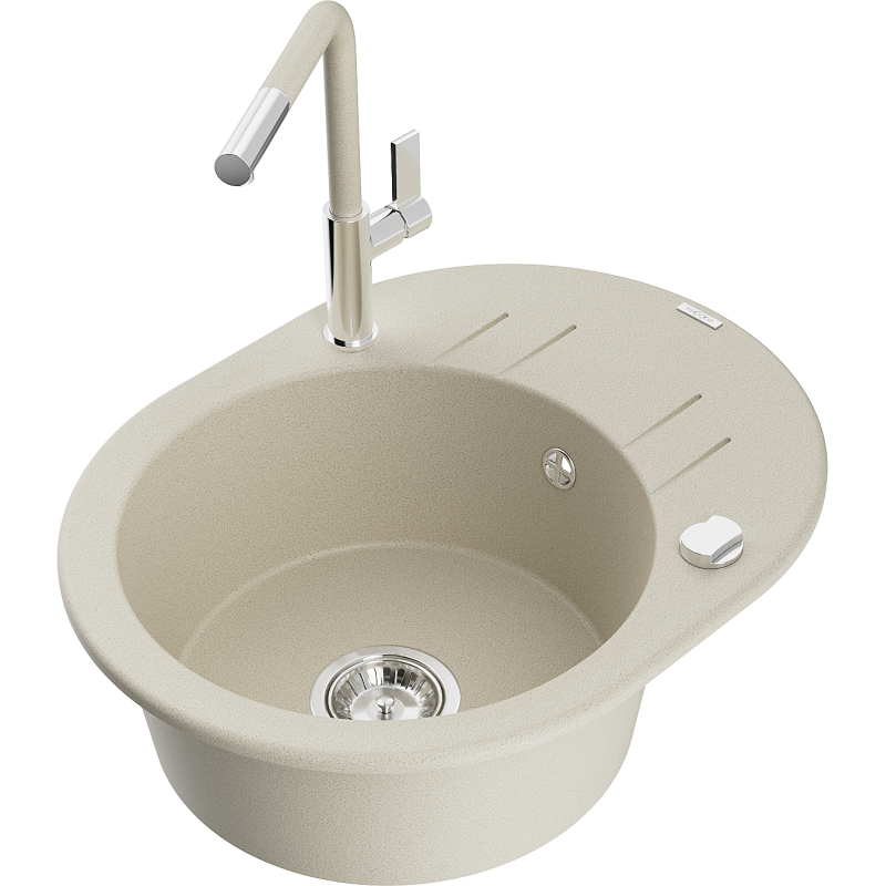 Mexen Kevin 1-bowl granite sink with drainer and Flora kitchen tap, beige - 6517-69-670401-09